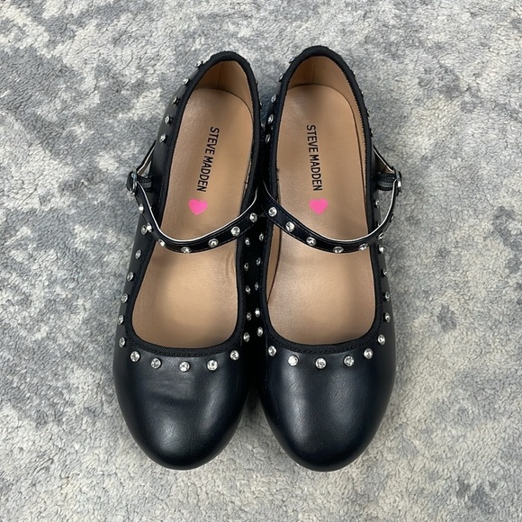 New Steve Madden JRea Crystal Embellished Mary Jane Ballet Flats Black Sz 5 Girl - Picture 4 of 15